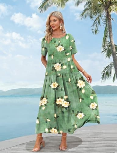 YESNO Women Casual Loose Bohemian Floral Dress with Pockets Short Sleeve Long Maxi Summer Beach Swing Dress S EJF CR19 - Image 3