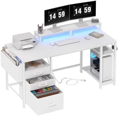 Lufeiya White Computer Desk with File Drawers Cabinet, 55 Inch Home Office Desk with Monitor Stand Shelves, Writing Study Gaming Desks with Led Lights and Power Outlets for Bedroom, White - Image 2
