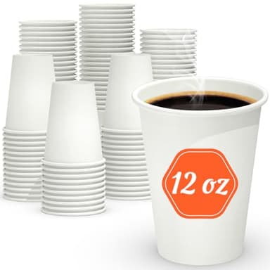 Dealusy 100 Count 12 oz Coffee Cups, Leak-Free Food Safe Paper Cups 12 oz, Disposable 12oz White Paper Cups for Cold and Hot Drinks - Image 1
