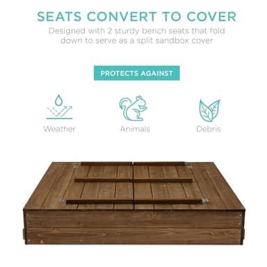 Best Choice Products Kids' Outdoor Wooden Sandbox Large, Cedar Wood with Foldable Bench Seats and Sand Protection, Bottom Liner Included - Walnut - Image 4