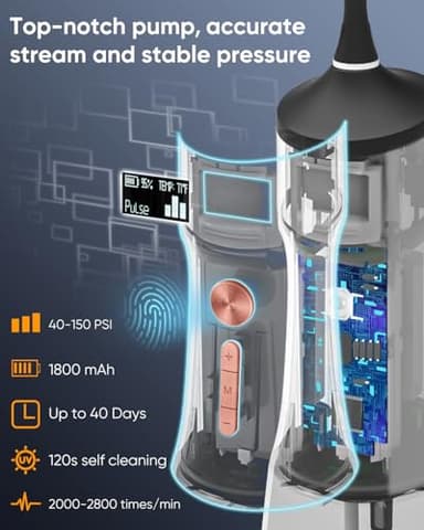 MySmile LP221 UVC Sterilizable Cordless Water Flossers for Teeth 335ML Portable OLED Display Dental Flosser with 4 Modes 8 Jet Tips and a Storage Pouch for Home and Travel (Midnight Black) - Image 3