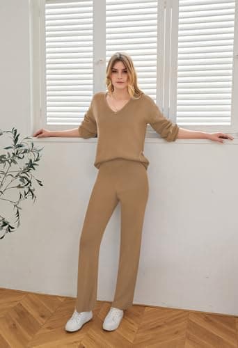 VamJump Women's Two Piece Knit Outfits Lounge Sets Long Sleeve V Neck Sweater Wide Leg Pants Sweatsuit Sets, Khaki XL - Image 4