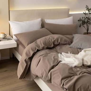 JIYUAN 100% Washed Cotton Duvet Cover Set 3 Pieces King, 1 Duvet Cover 104x90 Inches(Comforter Not Included) and 2 Pillowcases,Linen Feel Bedding Set Comfy and Breathable,Light Brown - Image 5