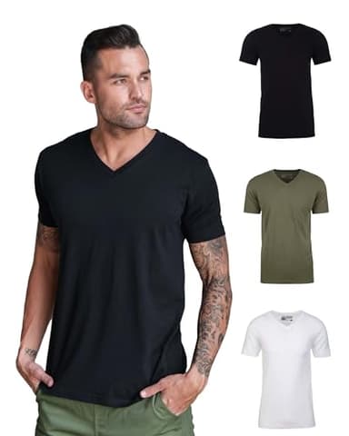 INTO THE AM V Neck T Shirts Men 3 Pack Fitted Casual Non-Branded Plain Undershirt Sleep Vneck Tshirt Multipack (Black/Olive Green/White, XX-Large) - Image 1