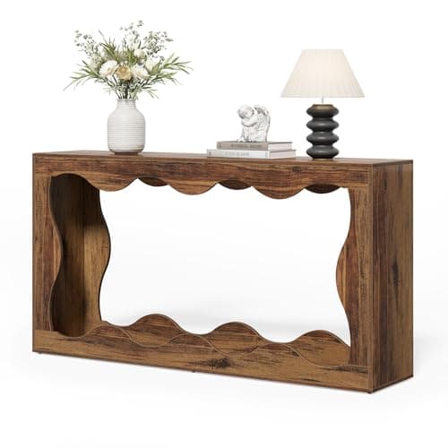 LITTLE TREE 63-Inch Entryway Table, Chic Design, Farmhouse Sofa Table Behind Couch, Scalloped Console Table with Build-in Storage Space for Entryway, Living Room, Hallway - Image 1