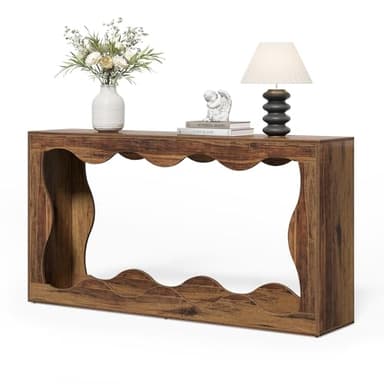 LITTLE TREE 63-Inch Entryway Table, Chic Design, Farmhouse Sofa Table Behind Couch, Scalloped Console Table with Build-in Storage Space for Entryway, Living Room, Hallway - Image 1
