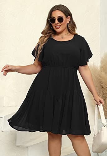 Nemidor Plus Size Summer Dresses for Curvy Women Casual Boho Midi Chiffon Print Floral Dress with Ruffle Sleeve 14-26(297,18,Black) - Image 4