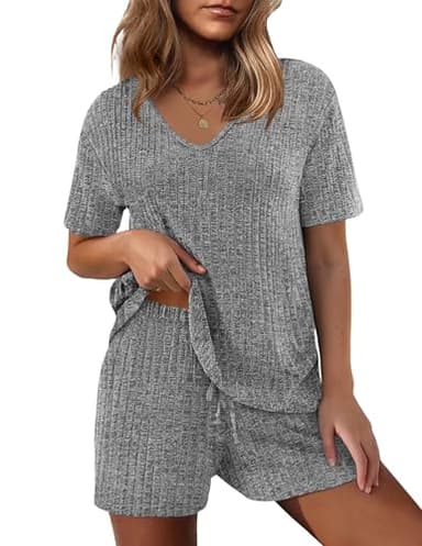 Ekouaer Womens 2 Piece Lounge Sets Summer Two Piece Outfits Ribbed Knit V Neck Short Sleeve Tee and Pockets Shorts Sets - Image 1
