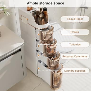 VECELO 4-Tier Slim Bathroom Storage Cabinet with Wheels, Skinny Bathroom Storage Cabinet with Drawers, Toilet Paper Holder, Movable Narrow Floor Cabinet for Small Space, Bathroom - Image 5