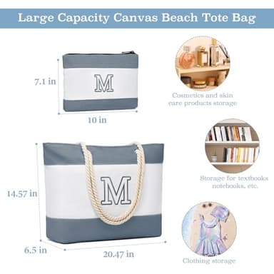 Becokan Initial Beach Bag Waterproof Canvas Beach Tote Bag Zipper Personalized Gifts for Women Her Birthday Travel Essentials (M, Dark Grey 2 pcs) - Image 2