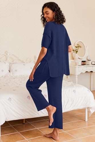Ekouaer Womens Sweater Sets Oversized Chunky Knit Sweater Top Wide Leg Pants 2025 Trendy Clothes Chic Outfits Midnight Blue, S - Image 2
