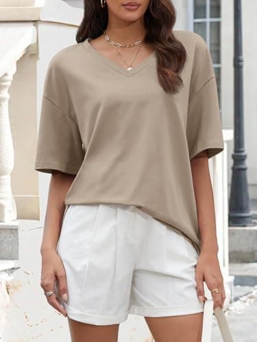 ATHMILE Womens Summer Oversized Shirts V Neck Plus Size Spring Workout Tops Beach Vacation 2025 Gym Clothes Khaki - Image 3