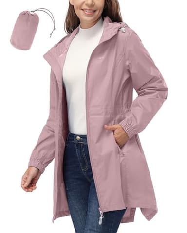 33,000ft Women's Waterproof Long Rain Coats Packable Rain Jacket with Hood Trench Coats Windbreaker - Image 1