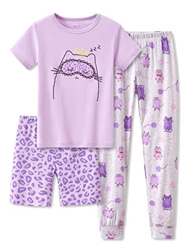 Topgal Purple Kittten pajamas for Girls – Cotton Snug-Fitting Tee Shorts & Pants PJ Set Size 8 - Image 1