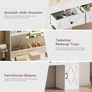 COMHOMA Makeup Vanity Desk with Mirror and Lights, Large Vanity Table with 6 Drawers & 1 Storage Cabinet, White Bedroom Dresser Table for Girls, 3 Color Modes Adjustable Mirror, White - Image 6
