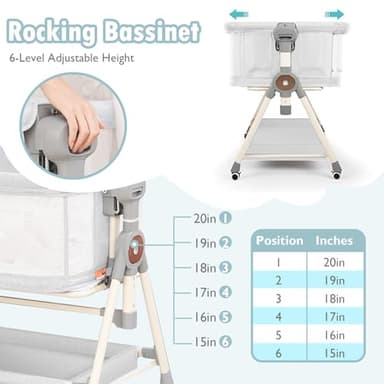 Rocking Baby Bassinet, Bedside Bassinet for Baby, 3 in 1 Bedside Sleeper with Musical Toys, Storage Basket and Wheels, Adjustable Bedside Crib for Newborn, White - Image 6