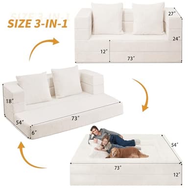 Cansunna Folding Bean Bag Chair for Adults,3-in-1 Bean Bag Couch Faux Fur Floor Sofa Large Beanbag Convertible Bean Bag Sofa Bed with Pillow in Bedroom,Living Room,Apartment(Queen,Milky White) - Image 3