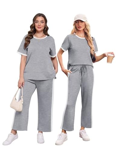 XIEERDUO Woman Lounge Sets Casual Summer Two Piece Travel Outfits Spring Loose Short Sleeve Tracksuit Wide Leg Loungewear Cropped Pants Matching Clothing Set Women's Track Suit Grey XL - Image 3