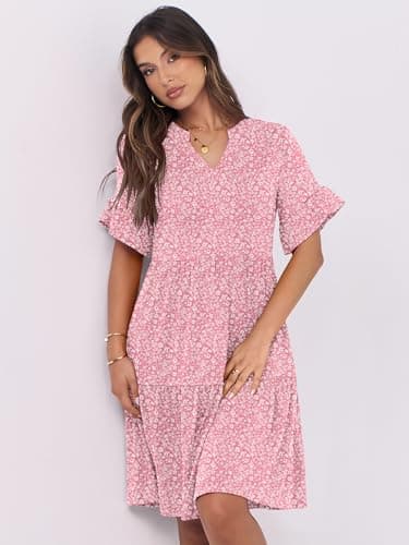 ANRABESS Womens Summer 2025 Trendy Ruffle Short Sleeve V Neck A Line Tiered Flowy Loose Casual Mini Beach Dress with Pockets Pink Floral XX-Large - Image 7