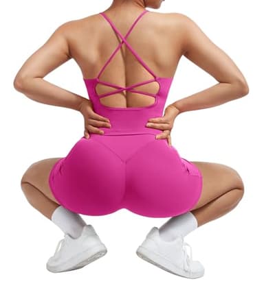 SUUKSESS Women 2 Piece Workout Sets Hidden Scrunch Butt Lifting Yoga Shorts with Pockets Backless Strappy Padded Tank Tops Outfits (Peach, M) - Image 4