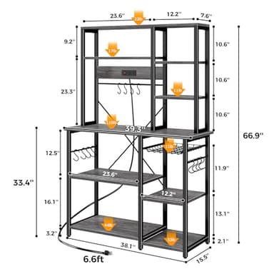 SUPERJARE Large Bakers Rack with Power Outlets, 6-Tier Microwave Stand, Coffee Bar with 12 S-Shaped Hooks, Kitchen Shelf with Wire Basket, 39.3 x 15.5 x 66.9 Inches, Charcoal Gray - Image 3