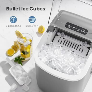Portable Countertop Ice Maker Machine with Handle, 9 Bullet-Shaped Ice Cubes Ready in 6 Mins, 26Lbs/24H, Self-Cleaning Function with Ice Scoop and Basket for Home/Kitchen/Party (Grey) - Image 2