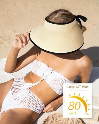 Camptrace Sun Visors for Women Wide Brim Beach Hat Foldable Straw Visor Hat Ponytail Summer Packable UPF 50+ Beige - Image 7