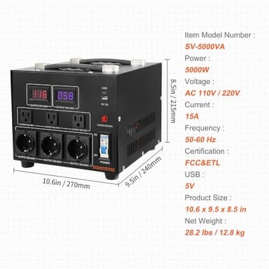 VEVOR Voltage Converter Transformer, 5000W, Heavy Duty Step Up/Down Transformer, Convert from 110 Volt to 220 Volt and from 220 Volt to 110 Volt, with US Outlet EU Outlet 5V USB Port, CE Certified - Image 7