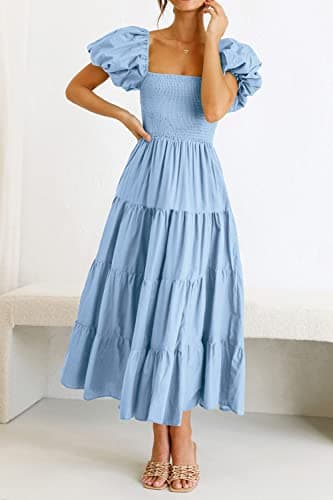 PRETTYGARDEN Women's Casual Summer Midi Dress Puffy Short Sleeve Square Neck Smocked Tiered Ruffle Dresses (Light Blue,Large) - Image 3