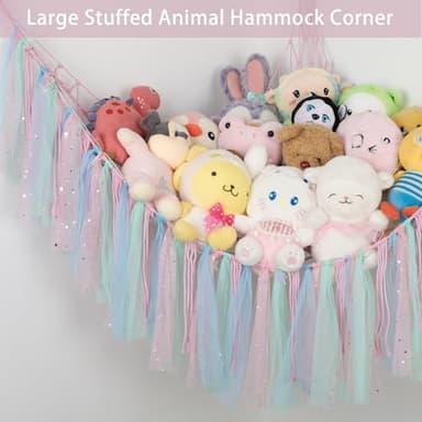 Stuffed Animal Hammock with LED Lights - 59 Inch Large Toy Storage Net for Kids Bedroom, Wall-Mounted Plush Organizer with Wooden Rings, Nursery Decor (Handwoven, Pink) - Image 3