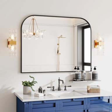 VETROVUE Black Wall Mounted Bathroom Mirror - 38” x 30" Inch Round Top Right Angle Wall Mirror, Aluminum Metal Framed, Decor for Living Room, Bedroom, Fireplace, Mantle, Entryway, Bathroom - Image 9