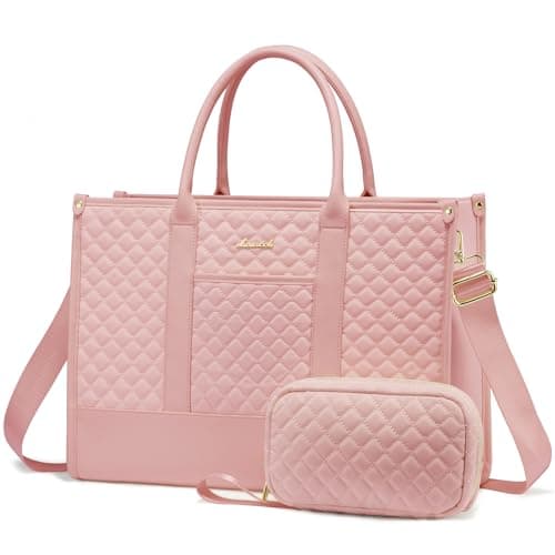 LOVEVOOK Laptop Bags for Women, 17 inch Waterproof Work Tote Bag with Clutch, Professional Teacher Computer Purse Lightweight Shoulder Bag Travel, Quilted Pink - Image 1