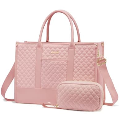 LOVEVOOK Laptop Bags for Women, 17 inch Waterproof Work Tote Bag with Clutch, Professional Teacher Computer Purse Lightweight Shoulder Bag Travel, Quilted Pink - Image 1