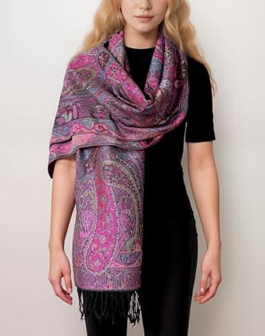 Achillea Soft Silky Reversible Paisley Pashmina Shawl Wrap Scarf w/Fringes (Tapestry Fuchsia) - Image 3