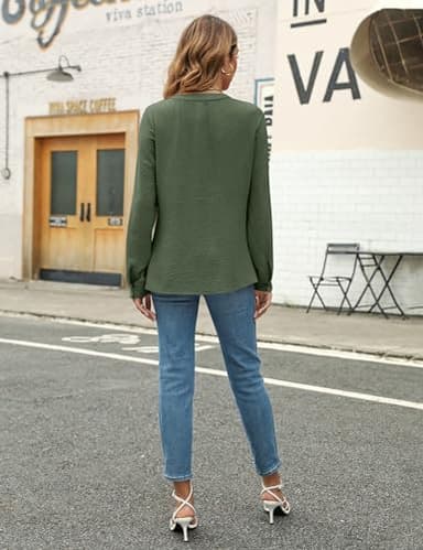 Blooming Jelly Women's Dressy Casual Blouses Business Work Tops Trendy Long Sleeve V Neck Flowy Pleated Shirts 2025 Fall Outfits (Army Green,Medium) - Image 5
