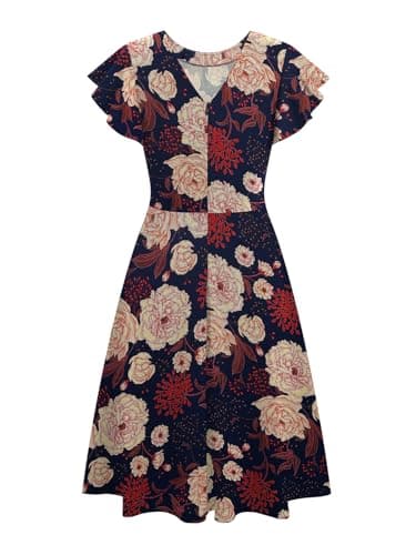 HELYO Semi-Formal Dresses for Women Fit and Flare Elegant Ruffle Sleeves V-Back Work A-Line Cocktail Party Dress with Pockets 842 Yellow Blue XXL - Image 4