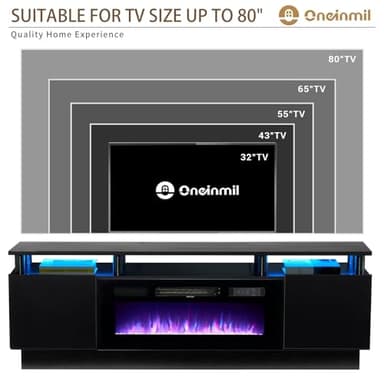 oneinmil 2 Tier TV Console Stand with 36" Electric Fireplace, LED Light Entertainment Center for TVs Up to 80" for The Living Room, 70", Black - Image 4