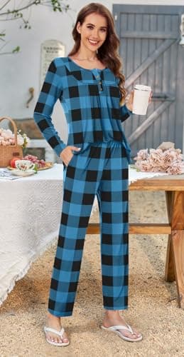 Bestbee Womens Pajama Set, 2 Piece Lounge Outfits Pleated Sleepwear Sets Long Sleeve Long Pants With Pockets Ladies Pjs, M, Blue Plaid - Image 3