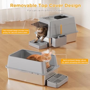 Stainless Steel Litter Box with Lid, XL Closed Metal Litter Box Modular Design with Flip Lid Fits All Cats, Extra Large Covered High Sided Cat Box, Scoop, Non-Sticky, Easy Cleaning, Grey - Image 4