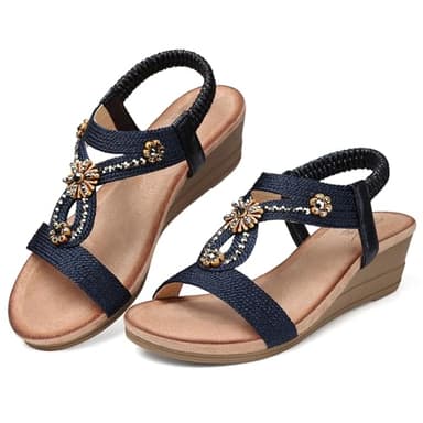 SHIBEVER Darkblue Wedge Sandals for Women Dressy Summer Comfortable Rhinestone Sandals Open Toe Ankle Strap Shoes Low Heel - Image 5