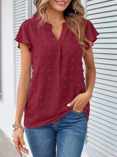 MEROKEETY Women Short Sleeve Notched V Neck Blouse Summer Casual Swiss Dot Boho Solid Top WineRed Large - Image 3