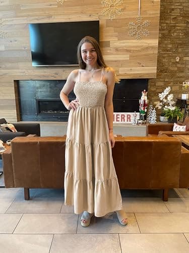 PRETTYGARDEN Women's Summer Maxi Dress 2025 Casual Boho Sleeveless Spaghetti Strap Smocked Tiered Long Beach Sun Dresses (Khaki,S) - Image 5