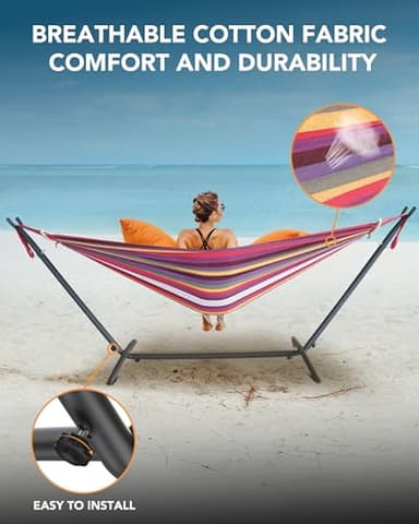 EveryFun Double Hammock with Heavy-Duty Steel Stand,Portable,Easy Assembly,600lbs Weight Capacity,Perfect for Indoor,Yard,Camping,or Outdoor-Rainbow - Image 6