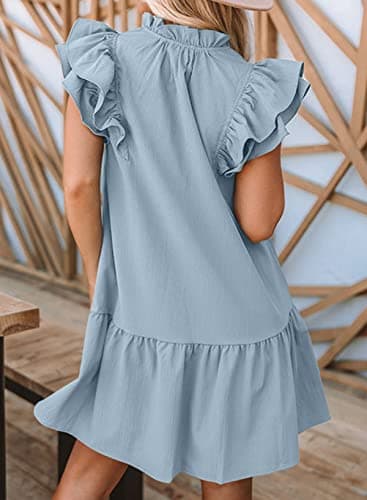 Dokotoo Beach Vacation Clothes for Women Fashion Sleeveless Tank Dress Sexy V-Neck Drawstring Side Pockets Ruffle Casual Summer Short Dress Vestidos De Verano para Mujer Sky Blue Medium - Image 2
