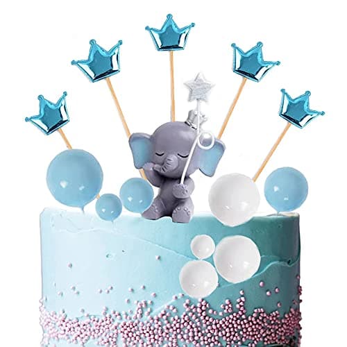 Newmemo Elephant Cake Toppers Balls Cake Decorations with Mini Elephant Blue Crown Cake Picks for Boy Girl Baby Shower Birthday Party Decorations - Image 1