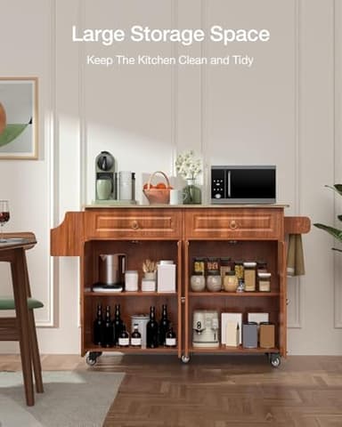 Qsun Kitchen Island with Drop Leaf and Storage, on Wheels Two Drawers, Large Storage Cabinet, Towel Rack Spice Cart Brown - Image 3