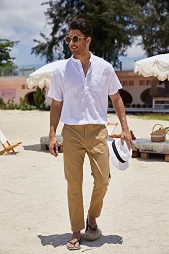 COOFANDY Men's Cotton Linen Henley Shirt Short Sleeve Hippie Casual Beach T-Shirts with Pocket - Image 7