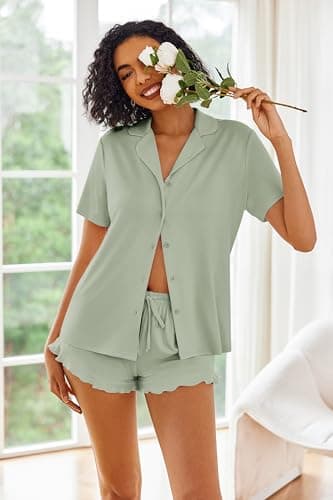 Ekouaer Pajamas Set for Women Short Sleeve Sleepwear Button Down Pjs Lounge Sets Soft Nightwear Aqua Green Medium - Image 2