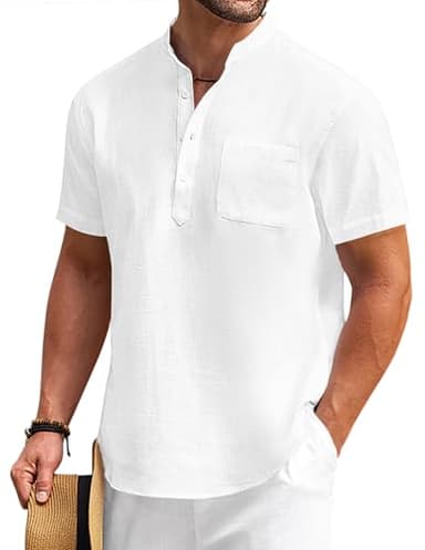 COOFANDY Men's Cotton Linen Henley Shirt Short Sleeve Hippie Casual Beach T-Shirts with Pocket - Image 1