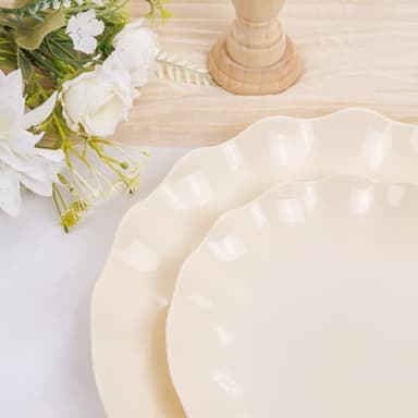 LIYH 24 Pcs Plastic Plates Reusable,Unbreakable Dinner Plates, Scalloped Plastic Plates, Dishwasher Safe,Ivory Plate Sets Perfect for Parties, Birthday, Picnics, BPA Free(12Guests) - Image 7